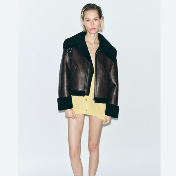 Zara Double Faced Faux Fur Faux Leather Jacket S L NWT 2969/046  Brown Burgundy - Picture 1 of 11